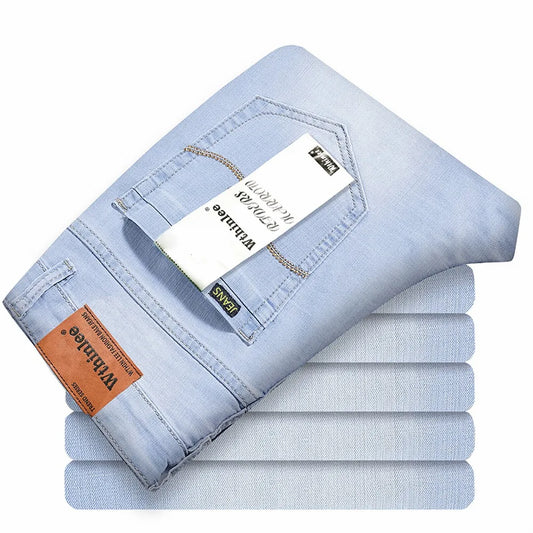 Wthinlee Spring Summer Business Jeans for Men Light Blue Casual Straight Stretch Fashion Classic Work Denim Trousers