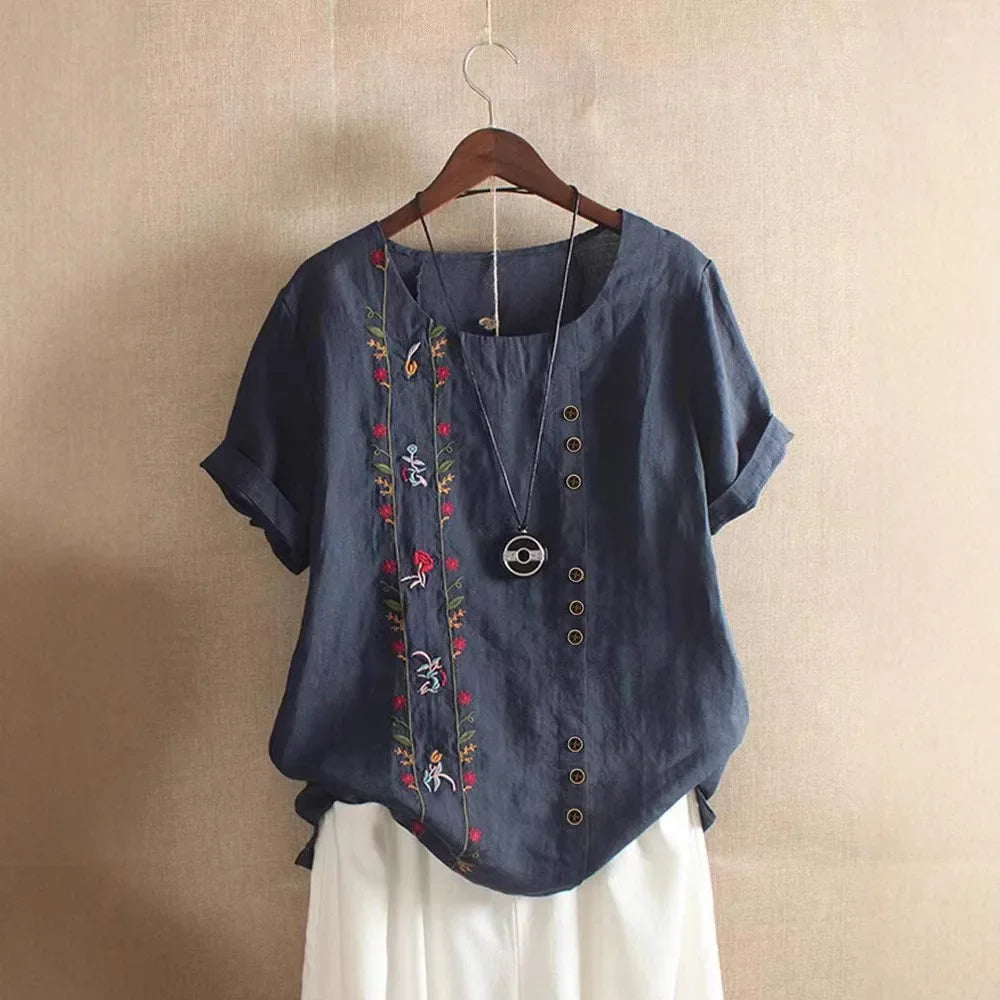 Retro Cotton Linen Short Sleeve Embroidered Flower Women's T Shirt Crew Neck Plus Size Shirt from Mainland China
