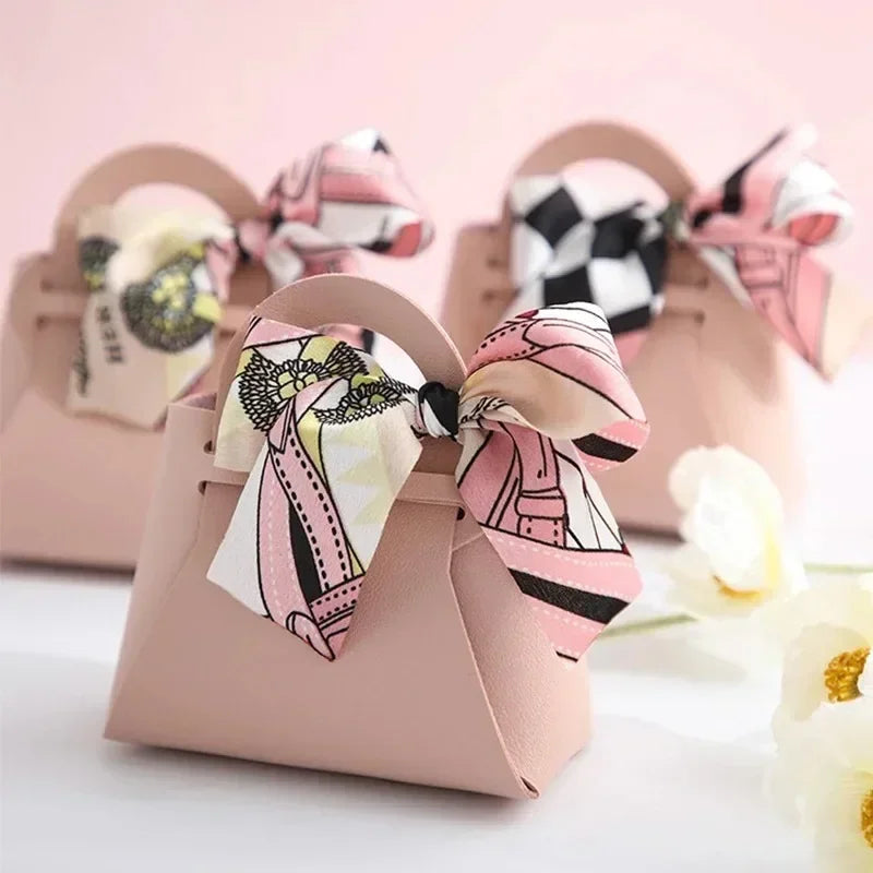 10 Pieces Pink Leather Gift Bags for Weddings and Events Mini Handbags with Ribbon Candy Packaging Box Party Decor