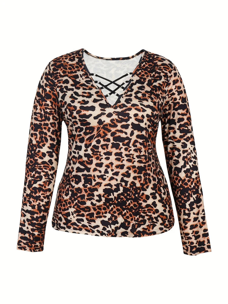 Plus Size Womens Elegant Leopard Print Long Sleeve Top with Lace Trim and Deep V Neck