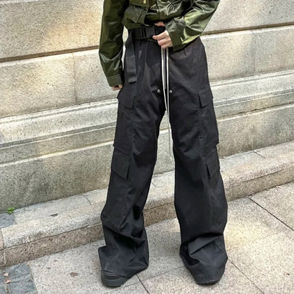 Ro Style Wide Leg Drawstring Black Cargo Pants Unisex Casual Streetwear