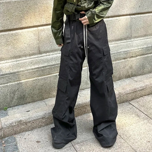 Ro Style Wide Leg Drawstring Black Cargo Pants Unisex Casual Streetwear