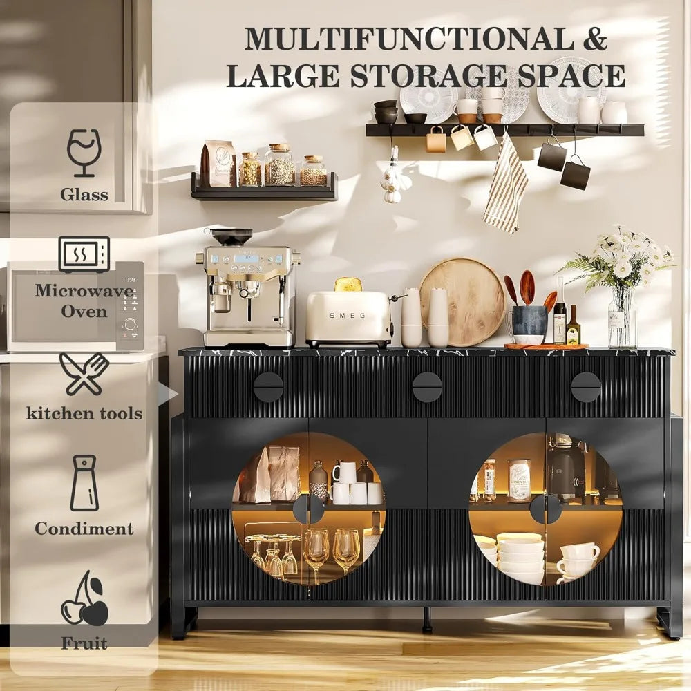 62" Fluted Sideboard Buffet Cabinet with LED Lights & Glass Doors, Faux Marble Top Console Table with 2 Adjustable Shelves