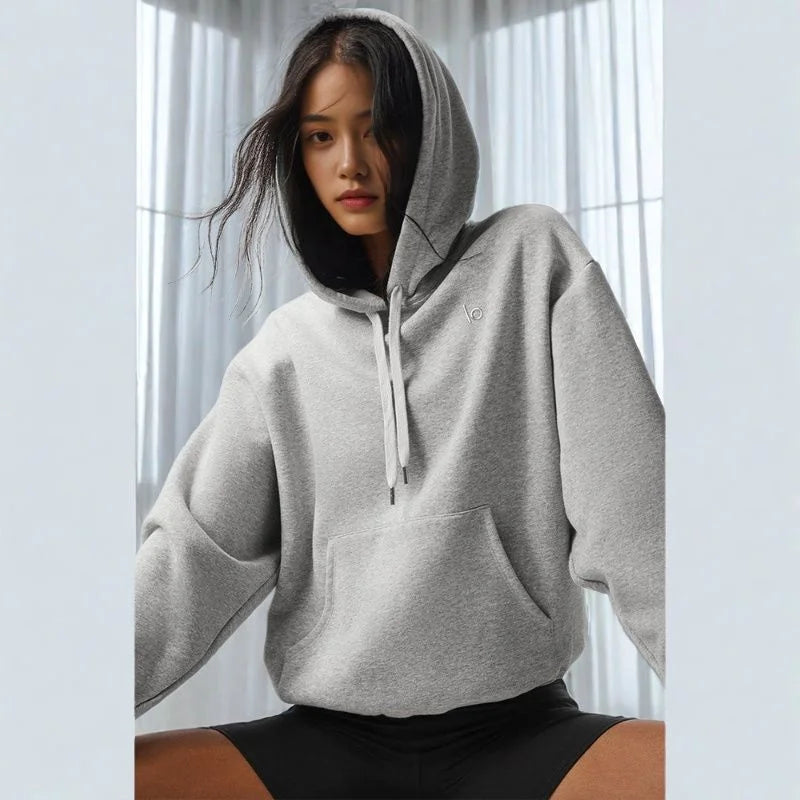 LO Casual Versatile Pure Cotton Pullover Hoodie Sports Outdoor Top Long Sleeved Hooded Solid Color Loose Autumn/winter Hoodie