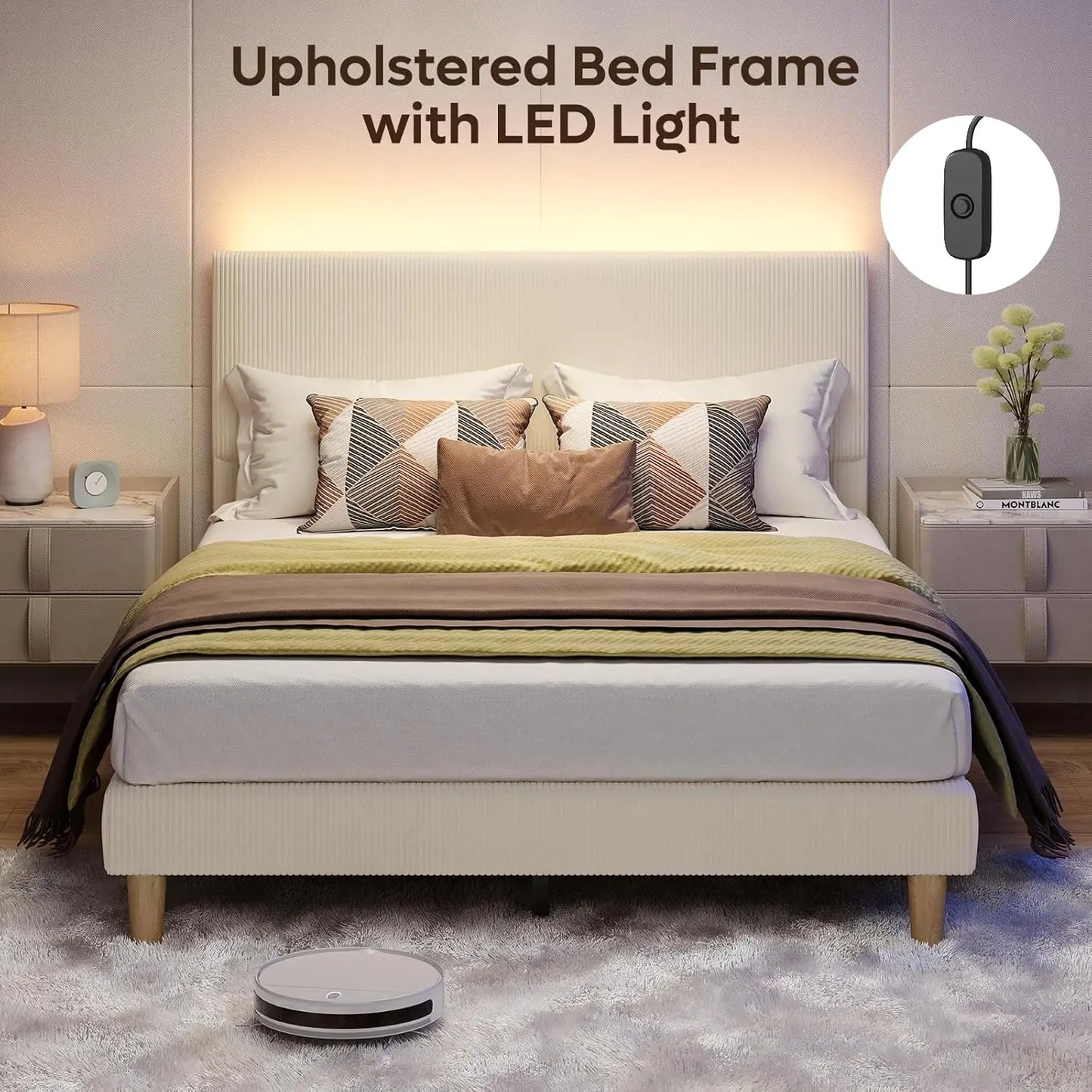 Bestier Queen Bed Frame with Adjustable Headboard, LED Lighting, Vertical Channel Tufted Corduroy Upholstered, Solid Wooden Slat