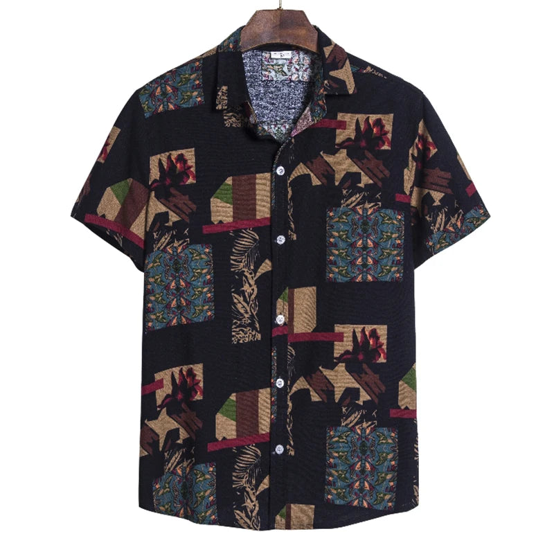 Men's Cotton Polyester Summer Short Sleeve Shirt Boho Geometric Pattern Hawaiian Beach Male Shirts Casual Blouse For Men