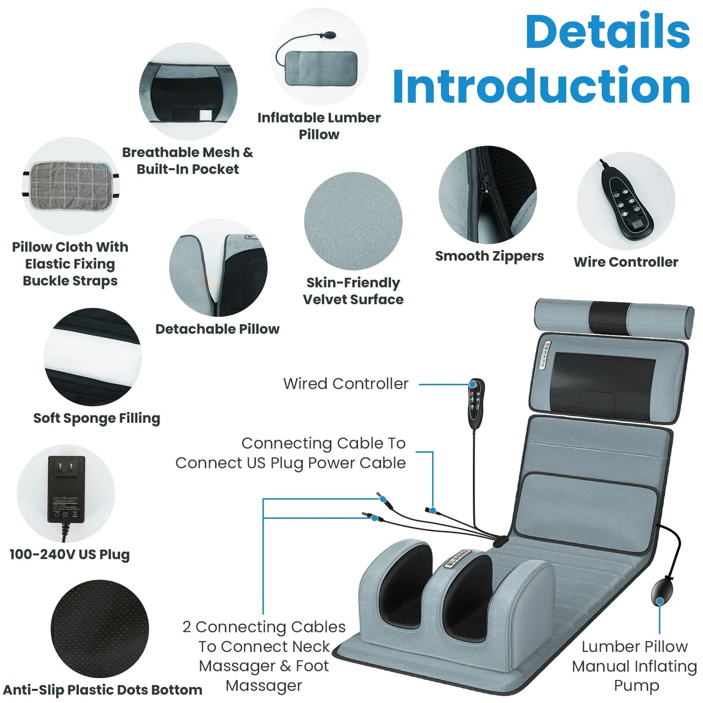 Foldable Electric Massage Mat with Heat Timer Adjustable Vibration Massage Pad for Back, Neck, Foot for Home Office Use