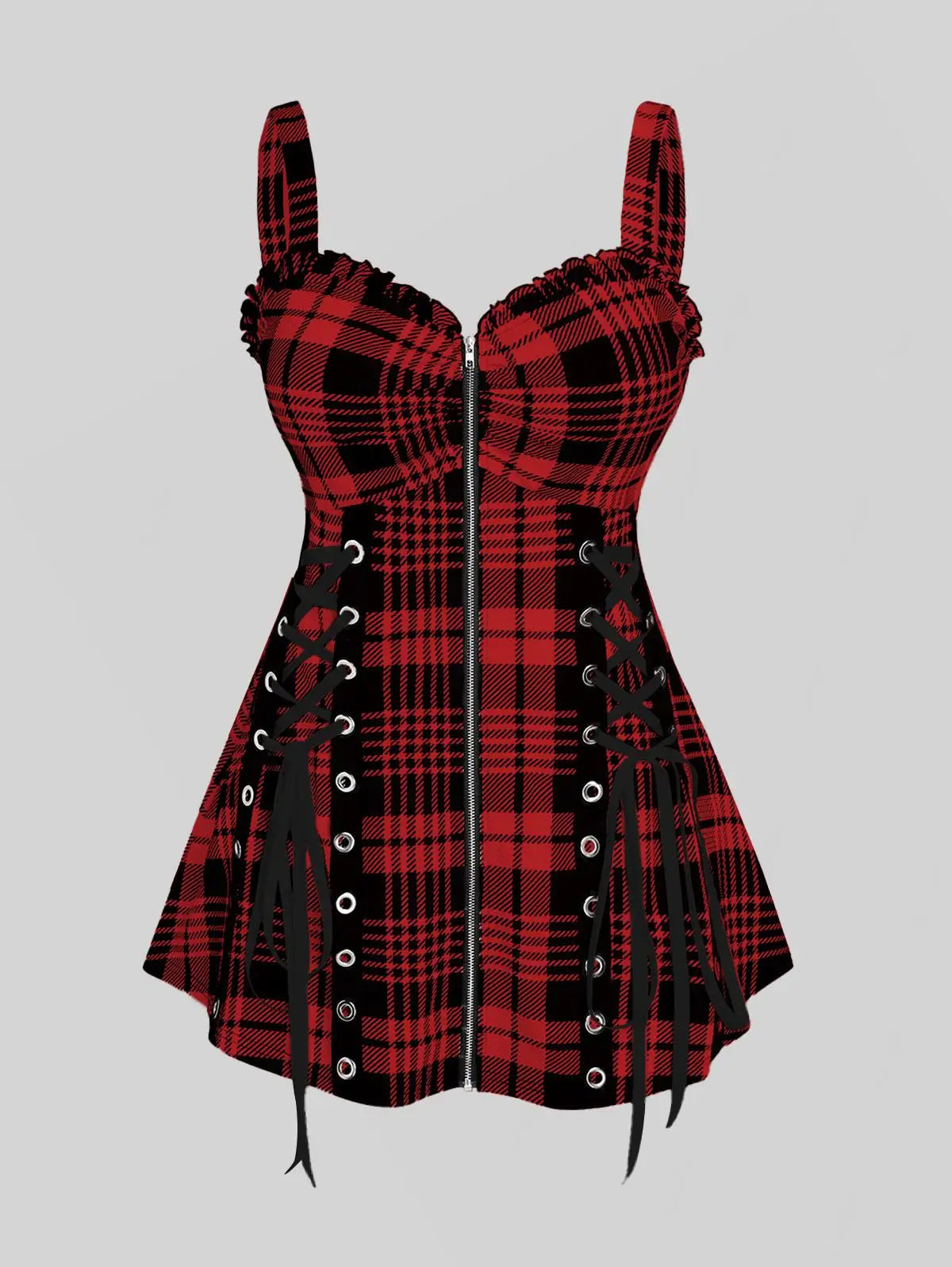 Rosegal Plus Size Plaid Tank Top Sweetheart Neck Front Full Zipper Ruffle Vest Women Summer Streetwear Lace Up Tops 5XL