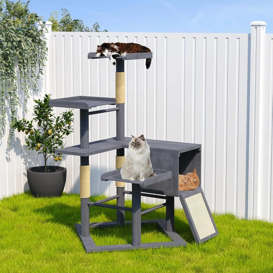 Durable Outdoor Cat Tree for Large Cats with Weather-Resistant Wood, Condo, and Scratching Posts