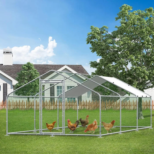 Large Metal Chicken Coop Run Walk In Enclosure Poultry Hen Run House Spire Shaped Chicken Pen with Waterproof and Anti UV Cover