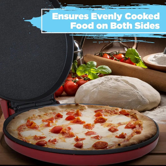 12 Inch Pizza Maker Oven and Griddle with Cool Touch Handle Non Stick Plates Red