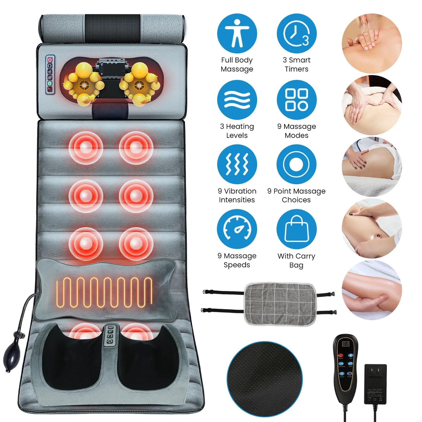 Foldable Electric Massage Mat with Heat Timer Adjustable Vibration Massage Pad for Back, Neck, Foot for Home Office Use