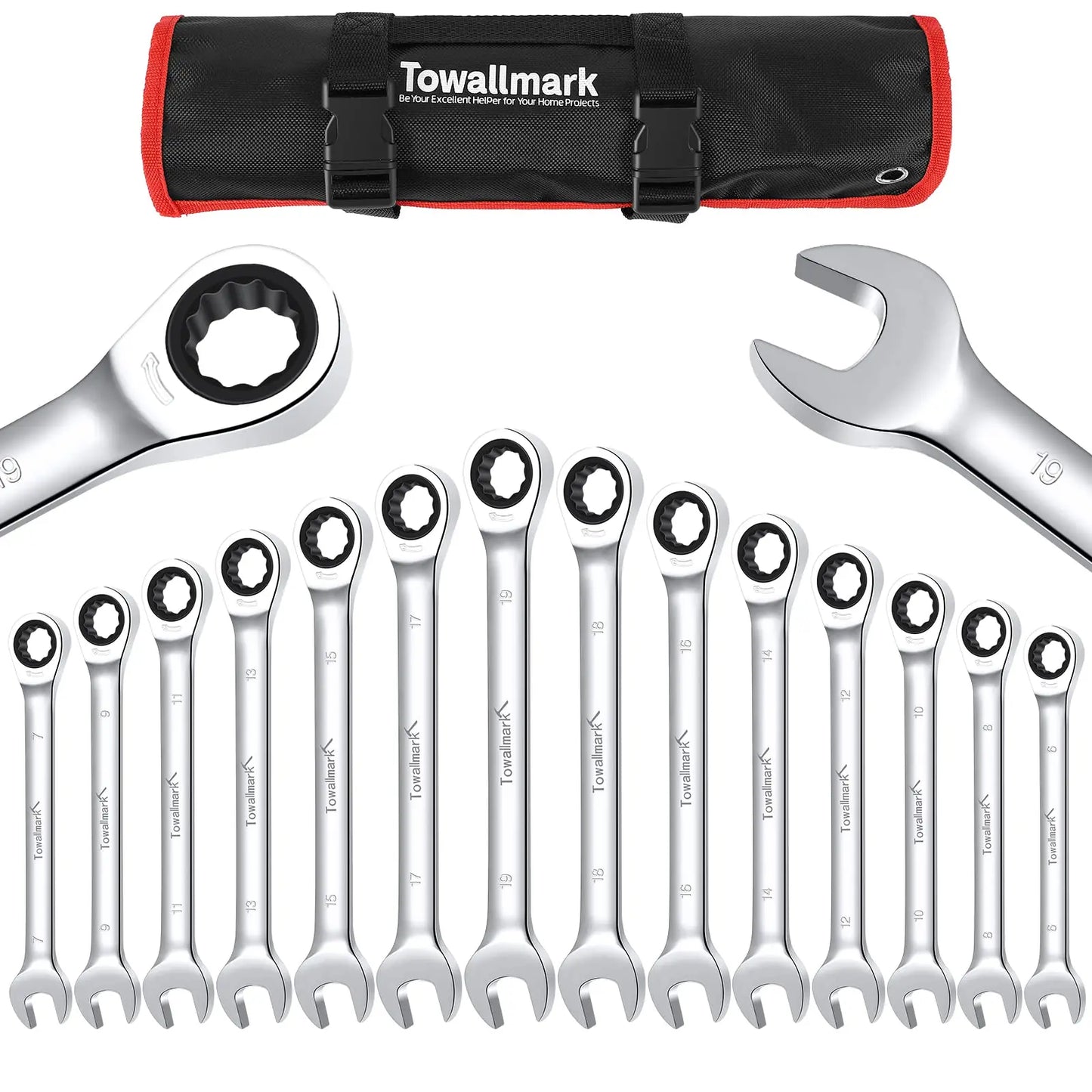 14-Piece Wrench Set, Ratcheting Wrench Set, Metric 6-19mm,Chrome Vanadium Steel with Storage Bag for truck/garage projects, etc.
