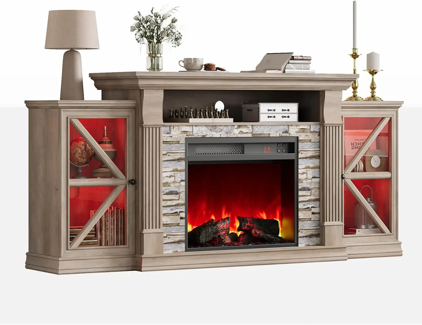 HUANZHUANG Electric Fireplace TV Stand With Glass Doors