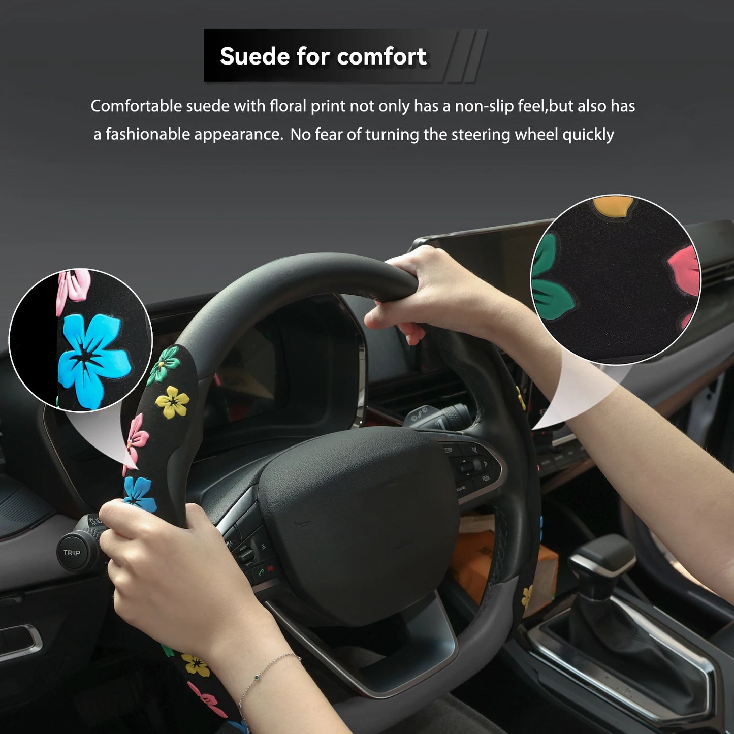 2PCS Universal Suede Car Steering Wheel Cover Floral Print Anti Slip for Women Car Interior Accessories