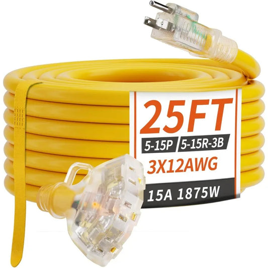 25 Feet 12/3 Gauge Outdoor Extension Cord with Multiple Outlets and Light Indicator Weatherproof Heavy Duty Flexible Design