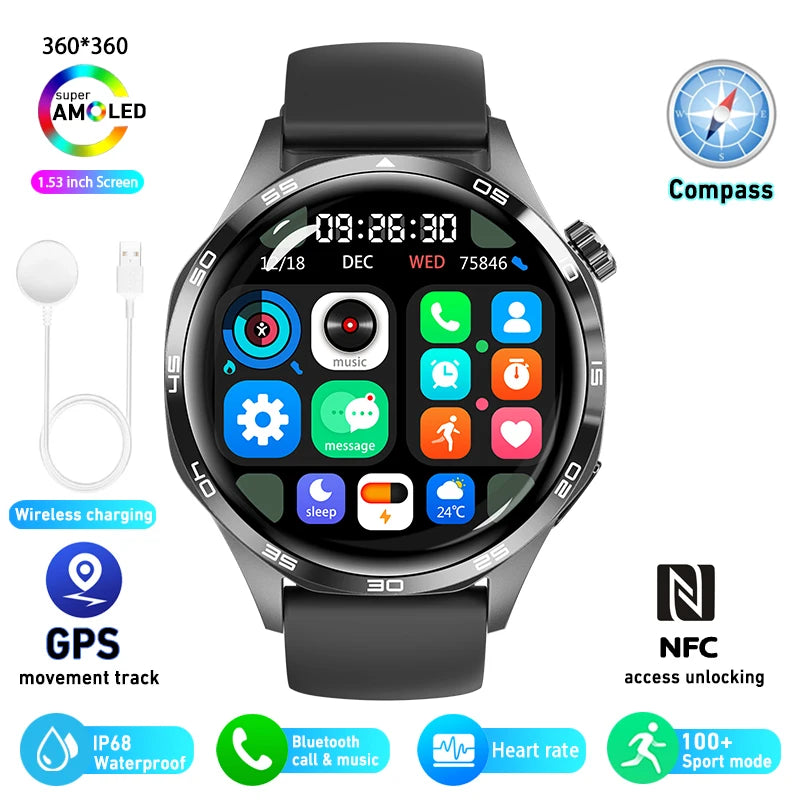 For Huawei GT5 Pro GPS NFC Smart Watch Men 360x360 AMOLED Screen Heart Rate Bluetooth Call IP67 Waterproof Smartwatch 2024