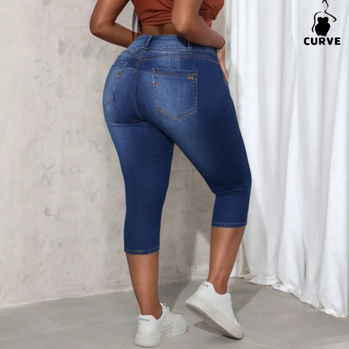 Plus-Size Women's High-Waisted Skinny Stretch Denim Capris Women's Classic Washed Versatile Straight-Leg Cropped Denim Jeans