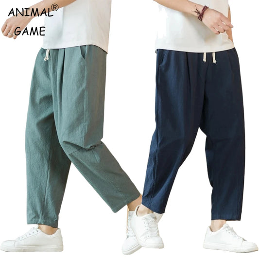 New Cotton Linen Men's Casual Solid Color Breathable Streetwear Loose Straight Drawstring Baggy Lightweight Sport Pants