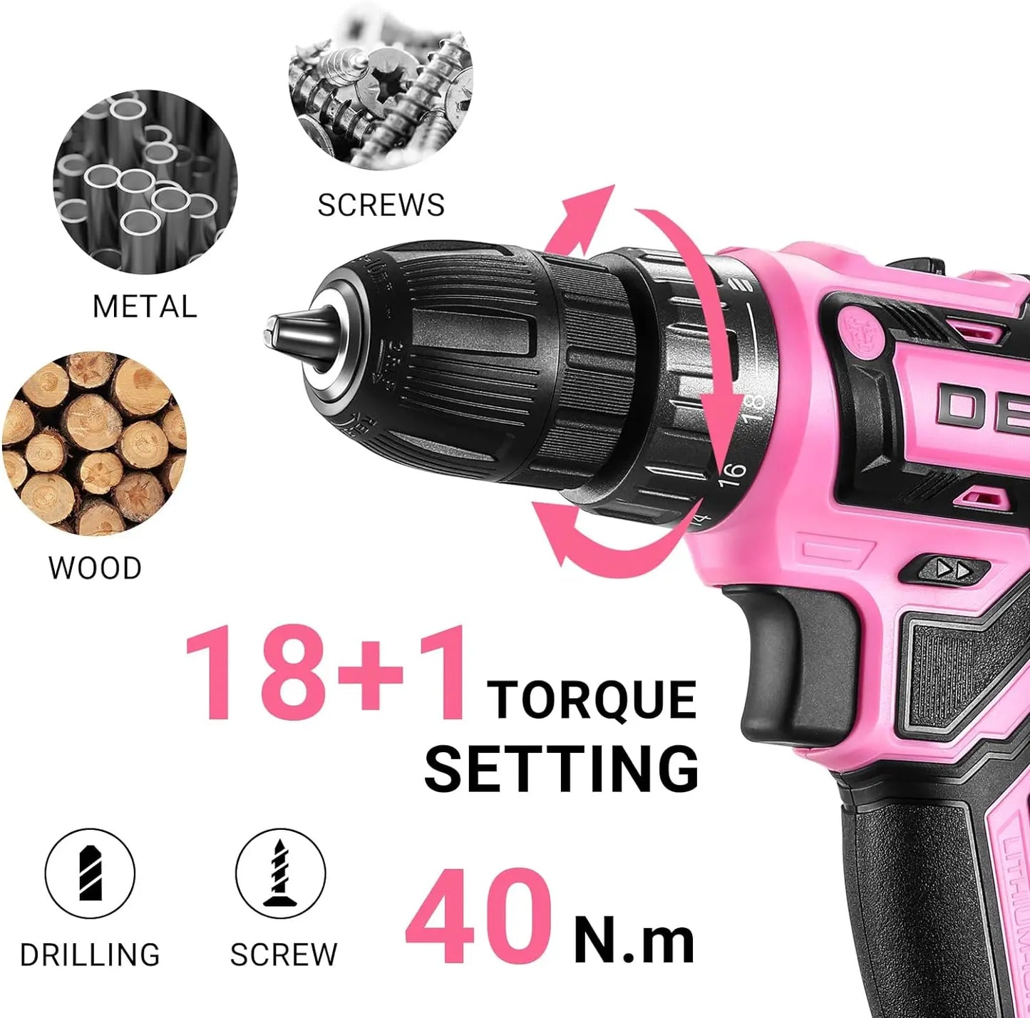 DEKO Pink Cordless Power Drill Set 20V Electric Tool for Women