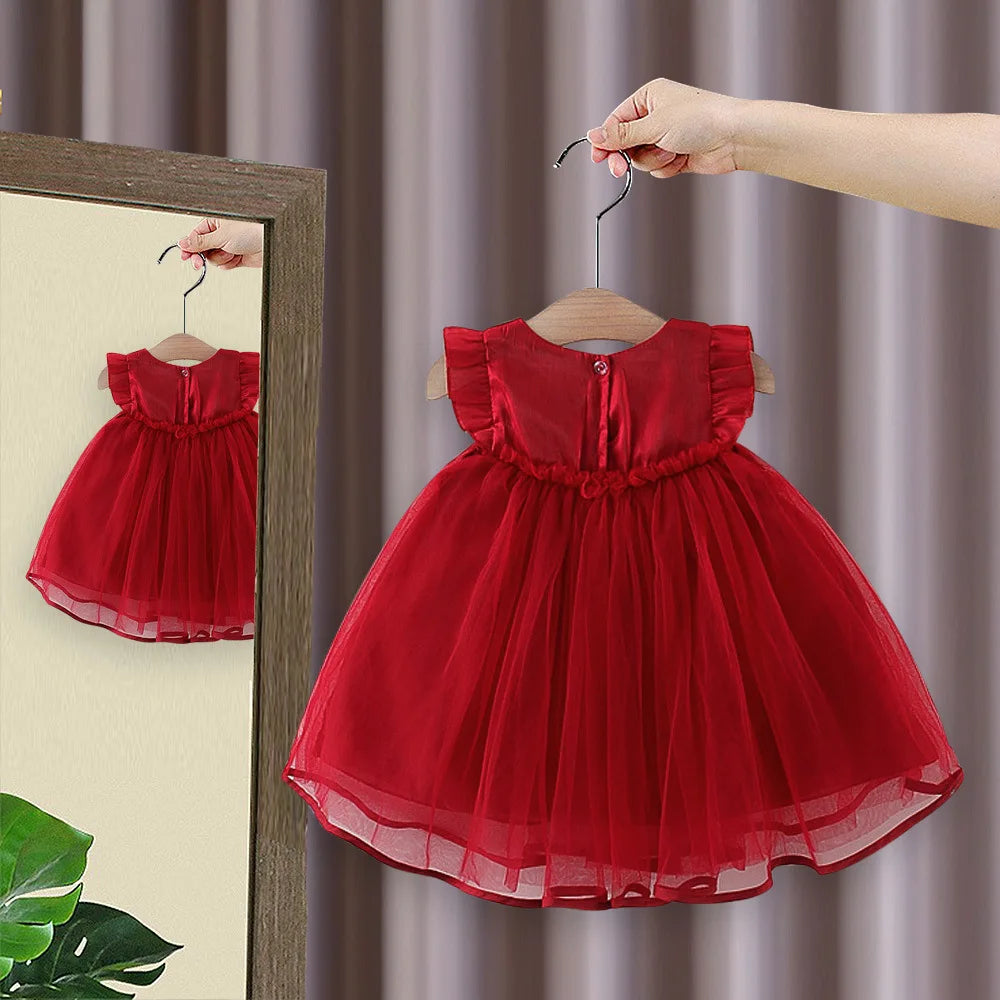 Girls Summer Princess Dress with Flying Sleeves and Baby Bow Decoration