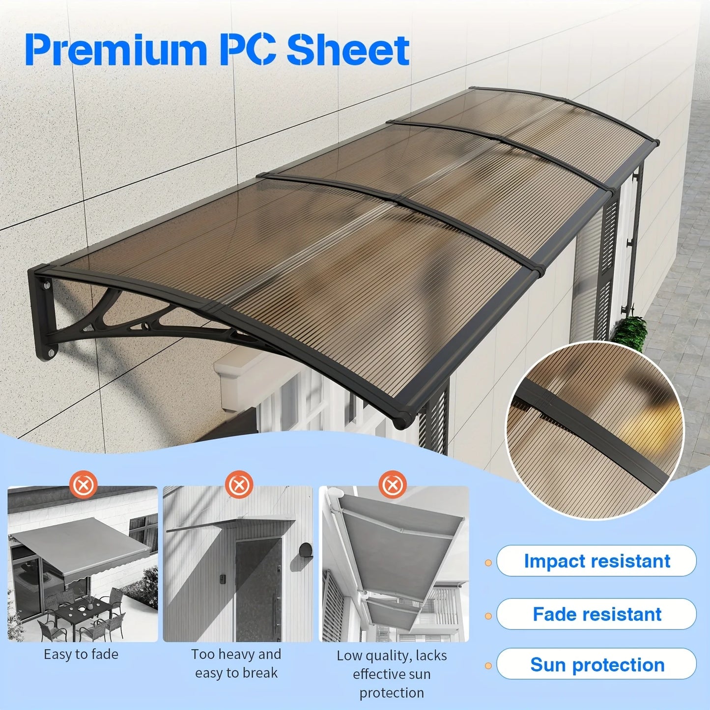 Awning Canopy for Door and Window UV Rain and Snow Sunlight Protection Polycarbonate Hollow Sheet Outdoor Canopy Easy Installation