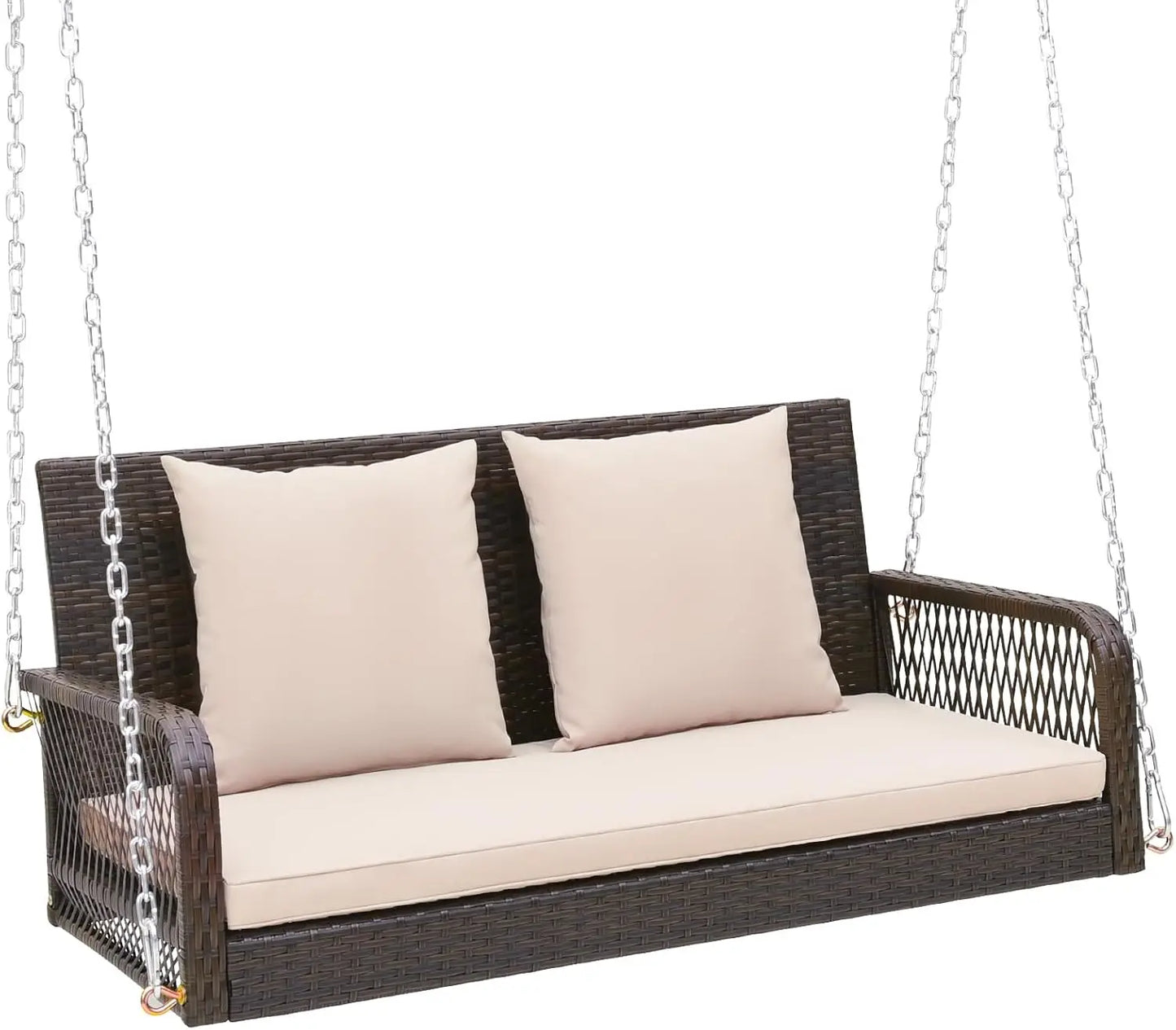 Wicker Outdoor Porch Swing 800 LBS Capacity 2-Seater Swing Bench with Hanging Chains and Cushions