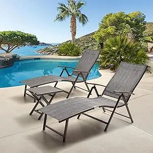 3PCS Aluminum Patio Set with Chaise Lounge Chairs and Table 8-Position Adjustable Backrest for Outdoor Use