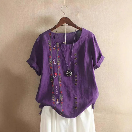Retro Cotton Linen Short Sleeve Embroidered Flower Women's T Shirt Crew Neck Plus Size Shirt from Mainland China