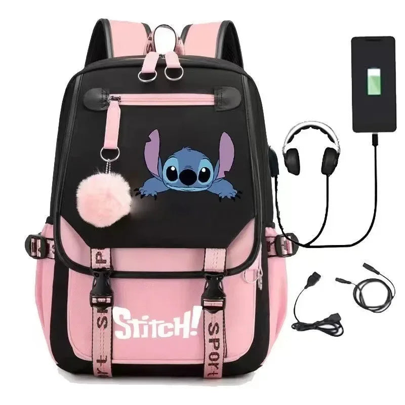 Miniso Disney 2025 New Series Cute Stitch Casual USB Charging Backpack Large Capacity Fashion Zipper High Quality Softback