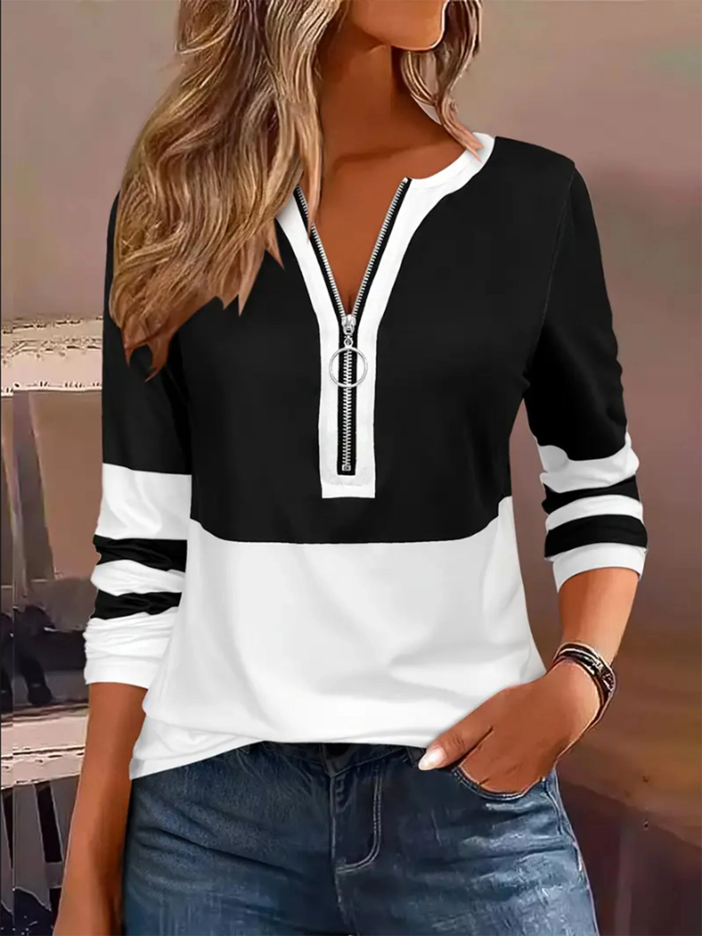 Plus Size Long Sleeve T-Shirt with Geometric Stripes & Color Block Ring Zipper Detail - Fall Fashion