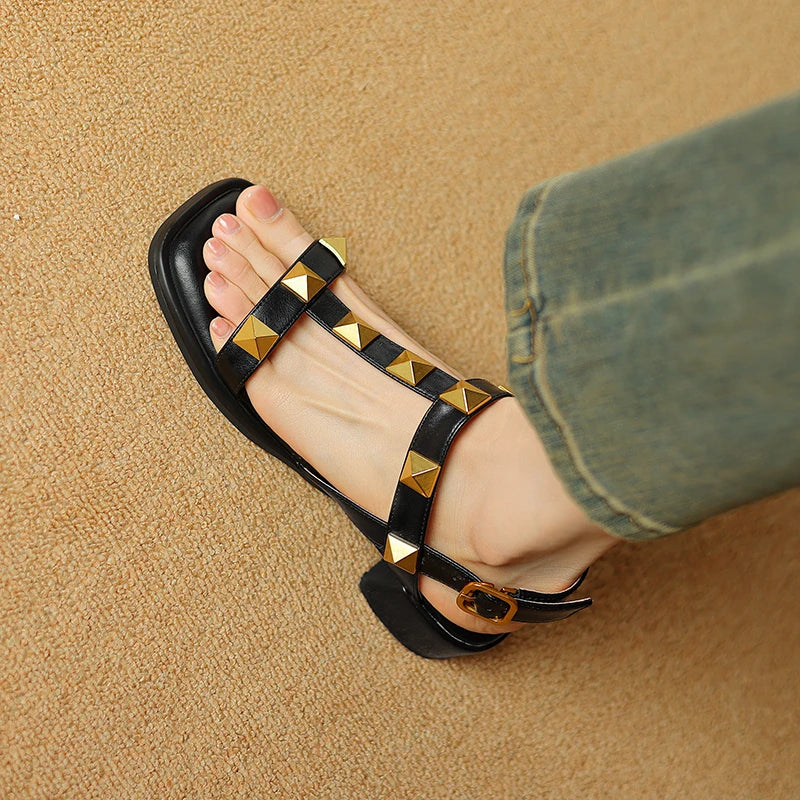 US 5-10Size Genuine Leather Studded Slingback Heel Rivet Women's Sandals With Adjustable Ankle Buckle Roman Pumps  Heels Sandals