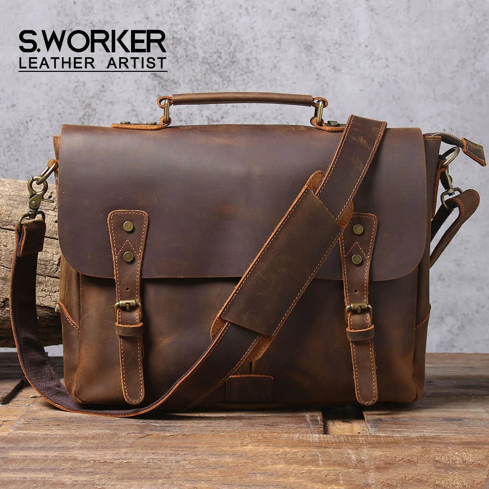 S.WORKER Vintage Genuine Leather Men's Briefcase Laptop Messenger Bag Crazy Horse Leather Handbag Cowhide Retro Casual Style