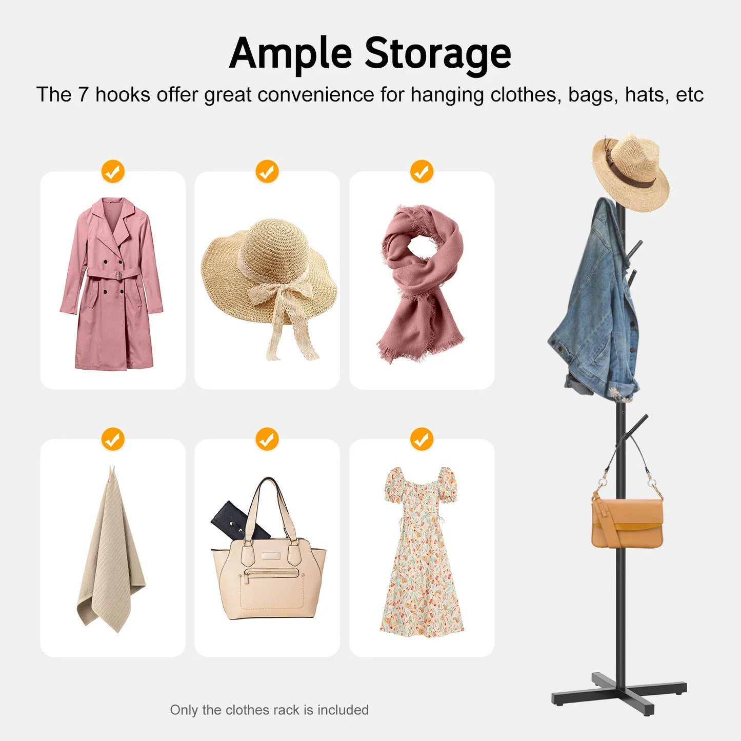 Black Metal Coat Rack Tree-Shaped Vertical 7 Hook Floor Standing Hanger Storage Rack Clothes Hat Scarf Holder for Entrance Foyer