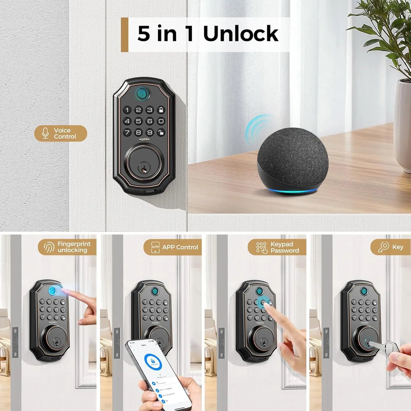 Arpha D280W WIFI Keyless Entry Door Lock 5-in-1 Smart Fingerprint Deadbolt w/ Keypad Electronic Deadbolt Auto-Lock One Touch Loc
