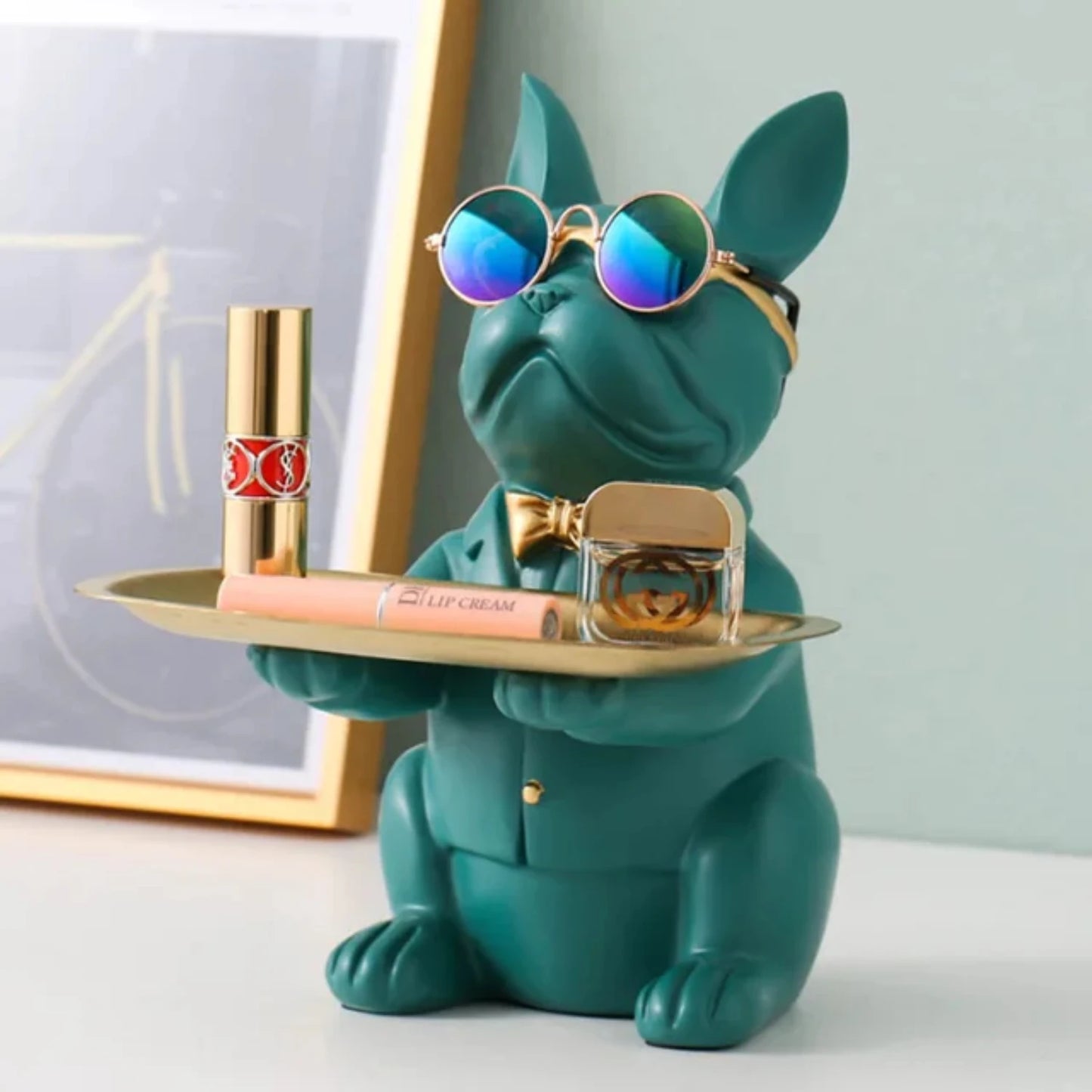 Nordic French Bulldog Sculpture Dog Figurine Statue Key Jewelry Storage Table Decoration Gift With Plate Glasses