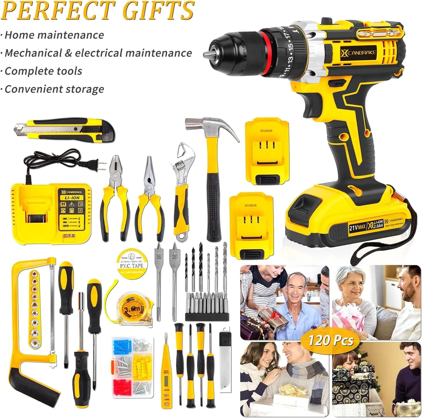 120 PCS 21V Cordless Drill Set with 3/8 Inch Keyless Chuck Metal and 25 Plus 3 Clutch with Impact