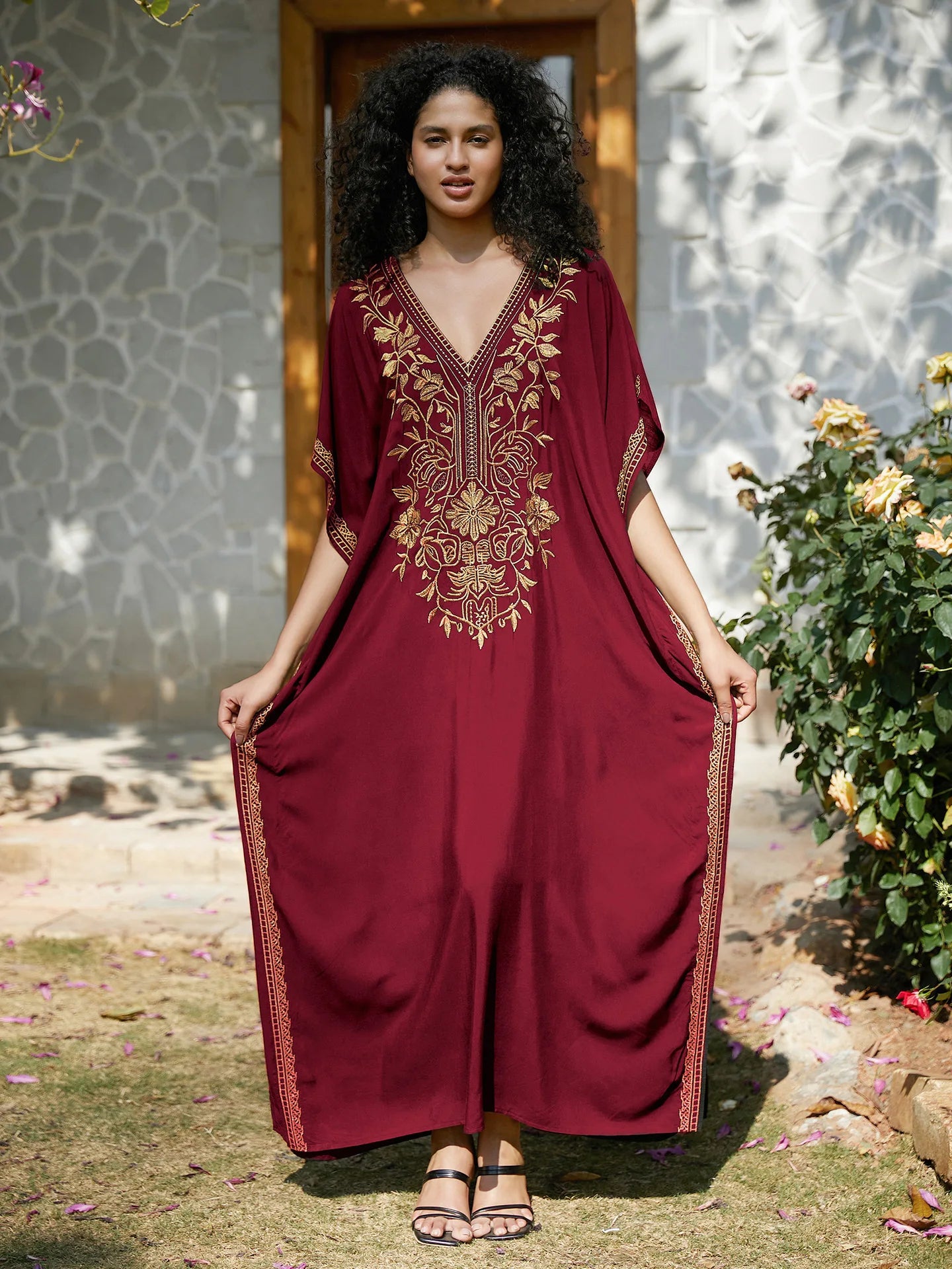 Gold Embroidery Beach Dress with Side Split Design and Oversized Fit