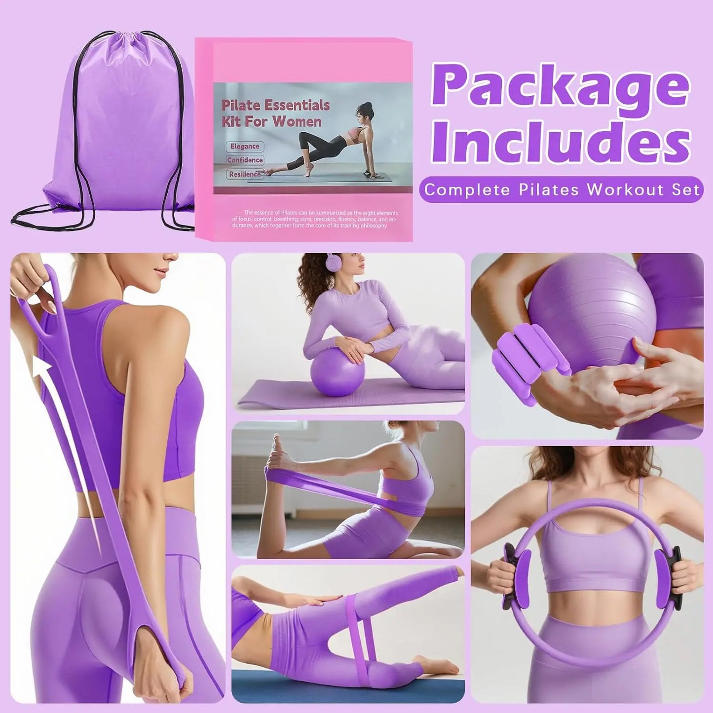 Complete Home Pilates Equipment Set with Ring, Ball, Bands & Accessories for Women's Fitness