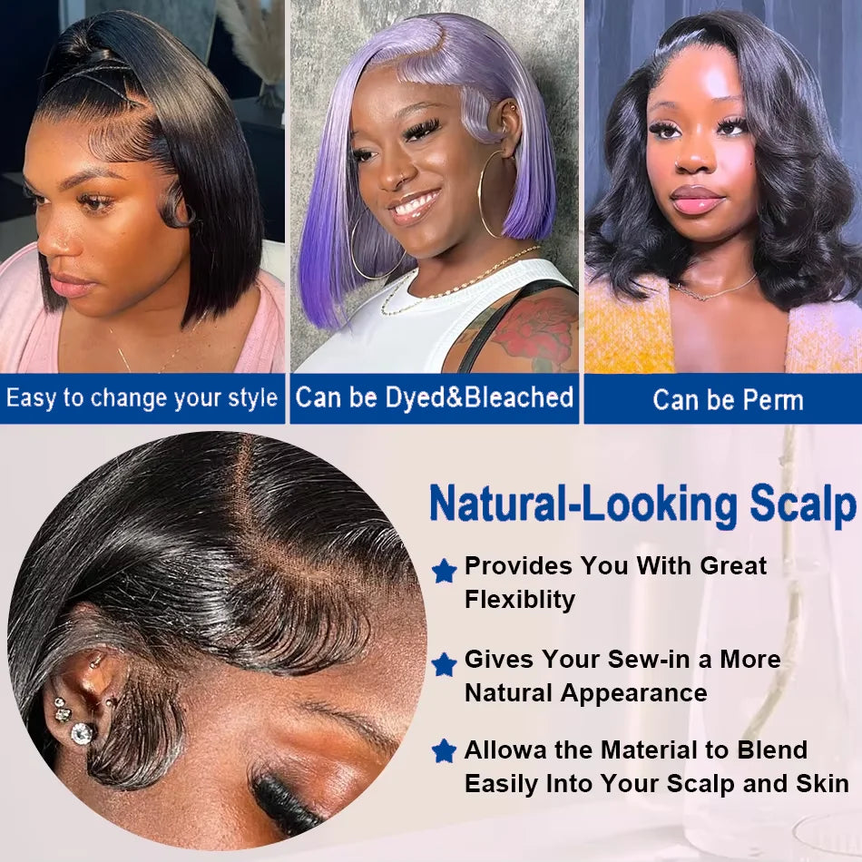 13x4 Short Bob Wigs 220 Percent Density Bone Straight Human Hair Pre Plucked Transparent Lace Frontal Wig