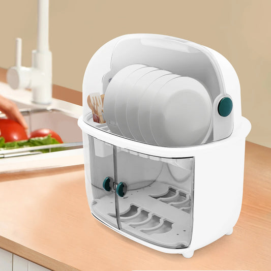2 Tier Plastic Drying Rack with Clear Dust Cover for Kitchen Dish Drying Countertop Storage Shelf 37x28x44cm