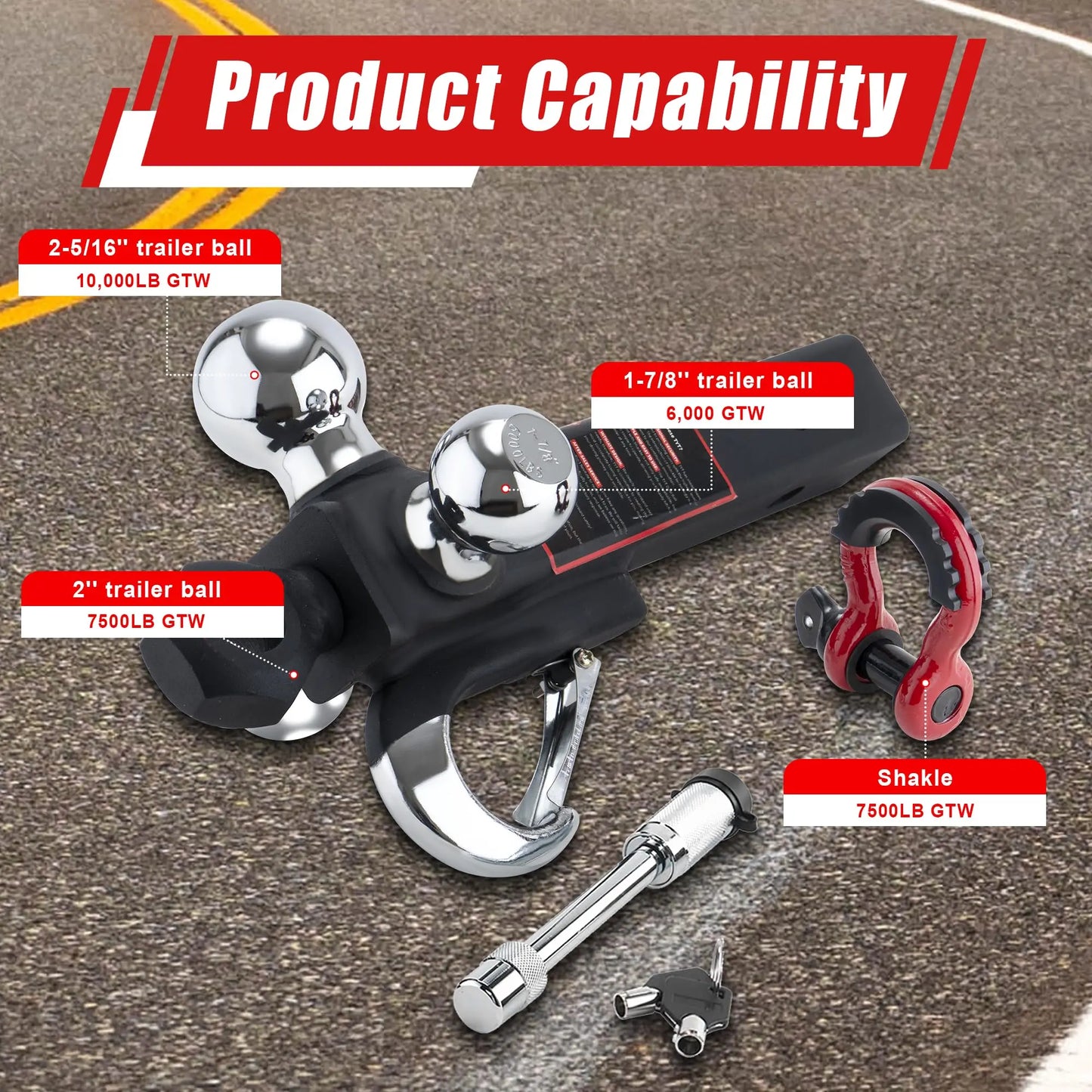 TYT Tri Ball Hitch Mount 2 Inch Receiver with 1 7/8 Inch 2 Inch 2 5/16 Inch Balls Tow Hook and Clevis Shackle with Locks Black