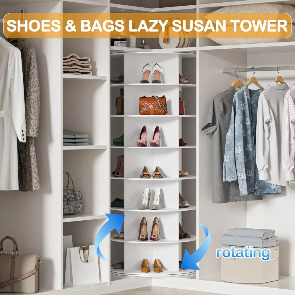 Rotating Shoe Rack Tower 7 Tier Organizer Vertical Spinning Shoe Display Lazy Susan 360 Degree Revolving White Shoe Rack Storage