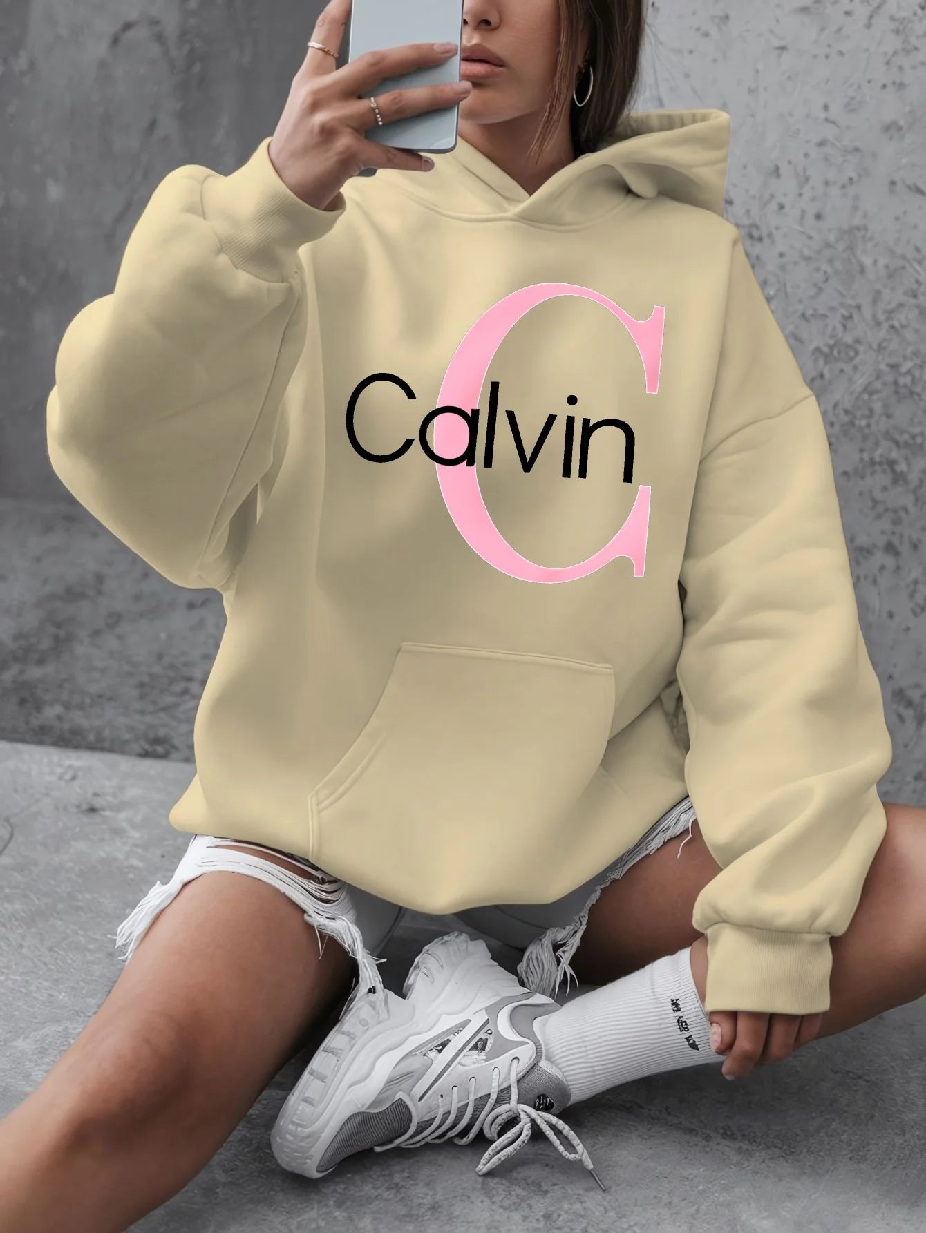 Calvin Graphic Hoodie Women's Plus Size "Calvin" Graphic Hoodie - Casual Long Sleeve Pullover with Pockets y2k clothes