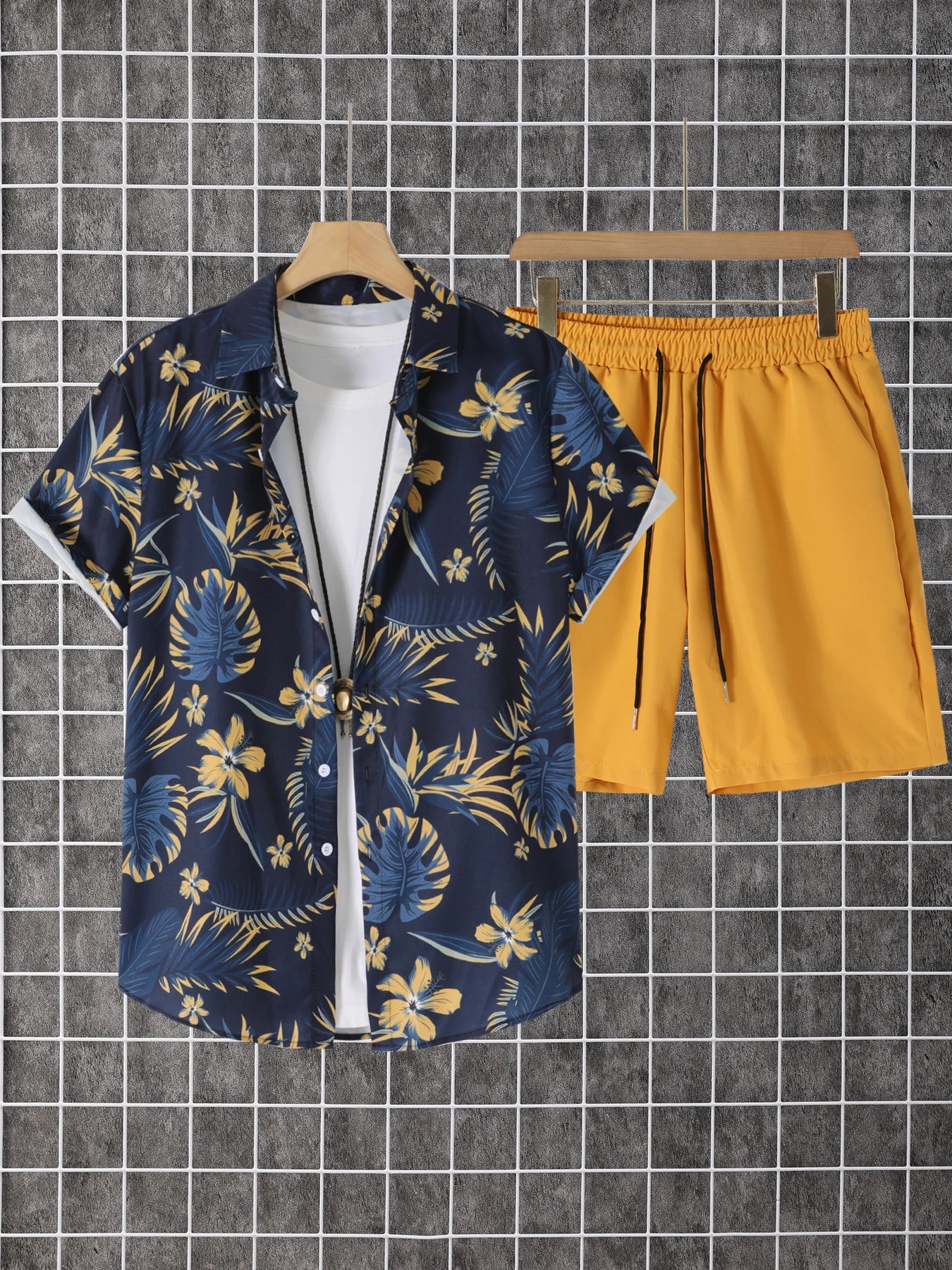 2-Piece Printed Men's Summer Short-Sleeved Button-Down Shirt and Shorts Set