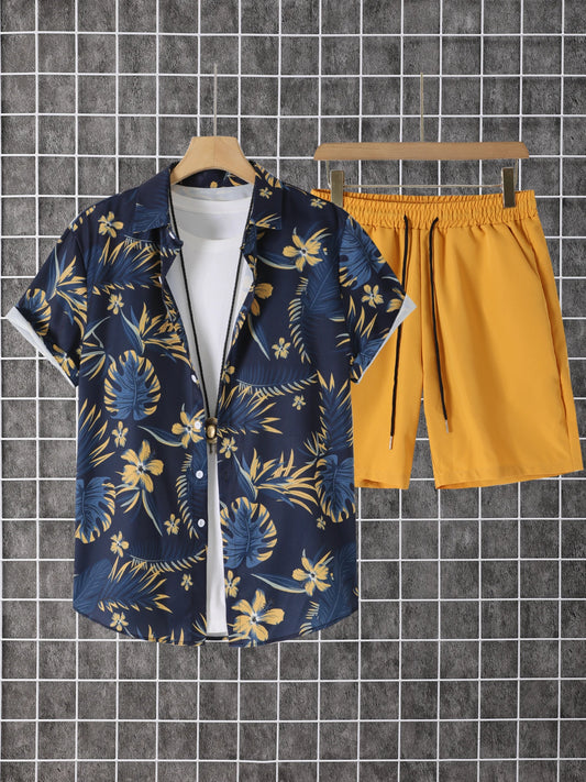 2-Piece Printed Men's Summer Short-Sleeved Button-Down Shirt and Shorts Set