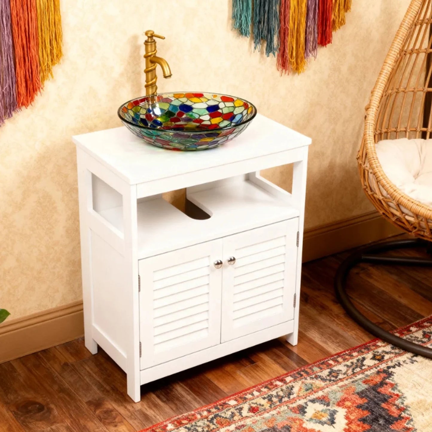 Under Sink Storage Cabinet with 2 Doors Open Shelf U Shape Cut Out Bathroom Under Sink Vanity for Toiletries Makeup