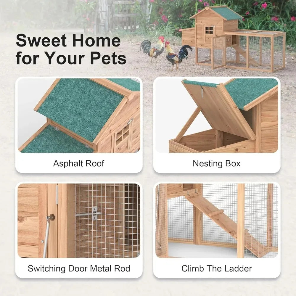 Outdoor Chicken Coop for 2 to 4 Chickens Wooden Hen House Poultry Pet Hutch Run Cage with Waterproof Asphalt Roof and Wire Fence 80 Inches