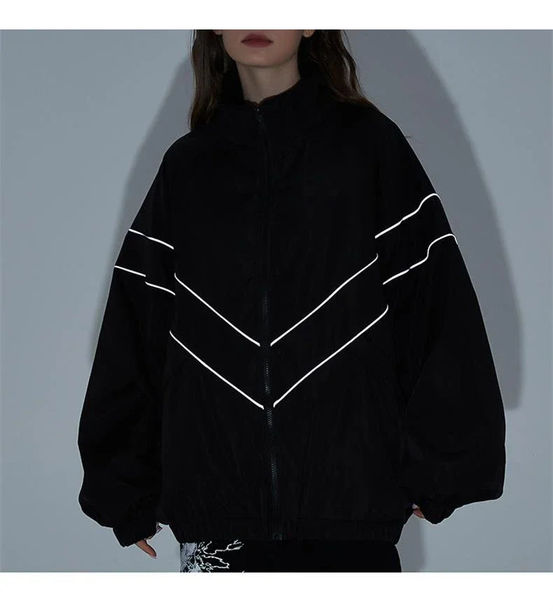 Reflective Striped Jacket Windbreaker Coat 2024 Men Hip Hop Streetwear Zipper Up Jacket Harajuku Thin Coats Sports Black Blue