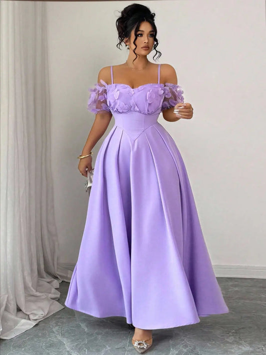 Plus Size Off Shoulder A-Line Dress with 3D Floral Embellishments and Ruched Waist in Lavender